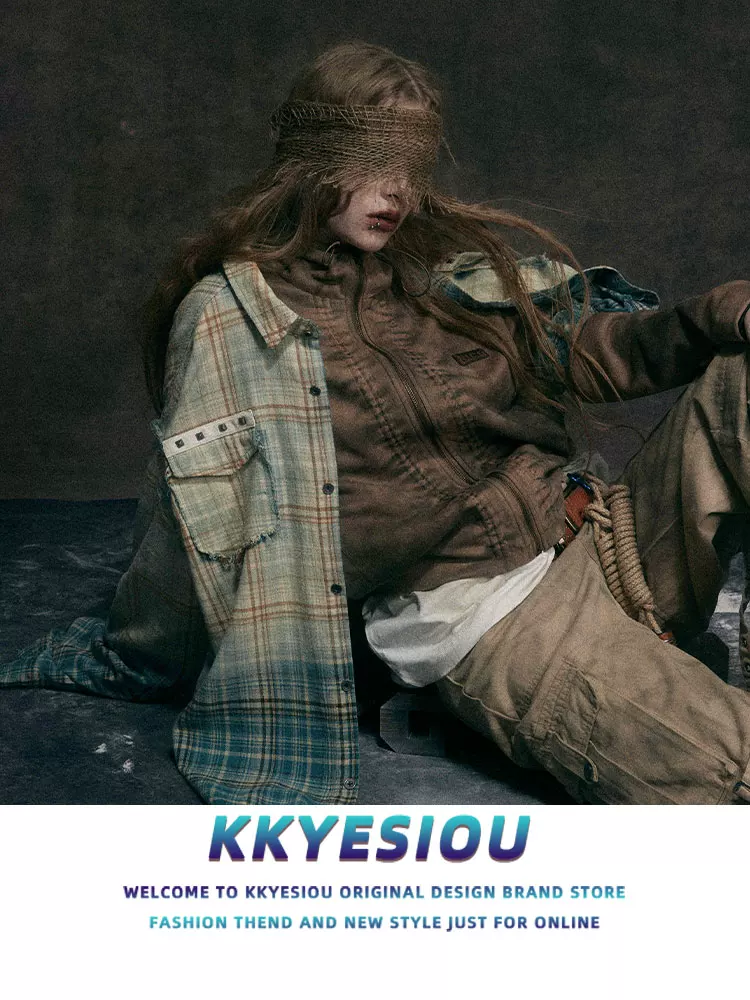 Áo sơ mi dài tay kiểu Mỹ cổ điển, kẻ caro, phối màu gradient, phong cách thường ngày, dành cho nam và nữ, viền xù, kiểu áo khoác đôi.