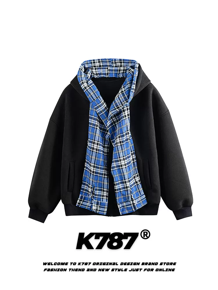 Áo khoác cardigan có mũ trùm đầu kiểu Mỹ cổ điển giả hai mảnh kẻ sọc K787 dành cho nam và nữ, phối khăn quàng cổ, kiểu dáng lười biếng, áo khoác cặp đôi