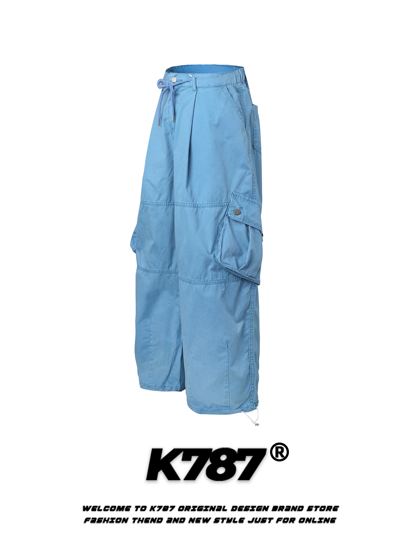 Quần cargo dây rút nhiều túi phong cách đường phố Mỹ K787, unisex, dáng rộng, cạp cao, thời trang, xu hướng, quần dài ống rộng