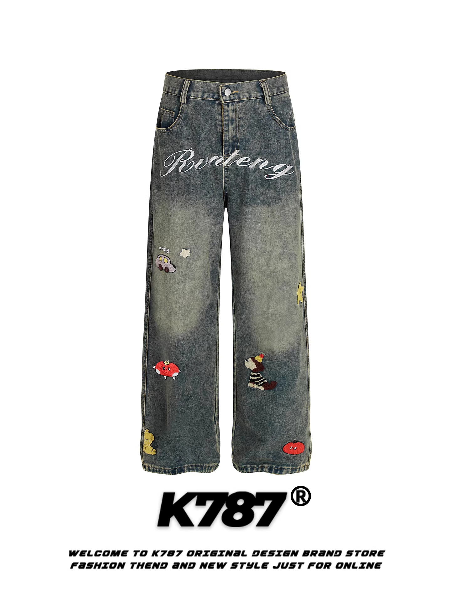 Quần jeans unisex cạp cao, dáng thẳng, chất liệu washed vintage, phong cách đường phố Mỹ, thêu hình hoạt hình chó, thương hiệu thời thượng K787.