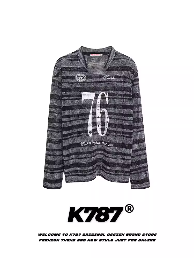 Áo len dệt kim sọc in chữ cổ điển kiểu Mỹ K787 dành cho nam và nữ, kiểu dáng rộng rãi và thoải mái, áo dài tay hơi mỏng.