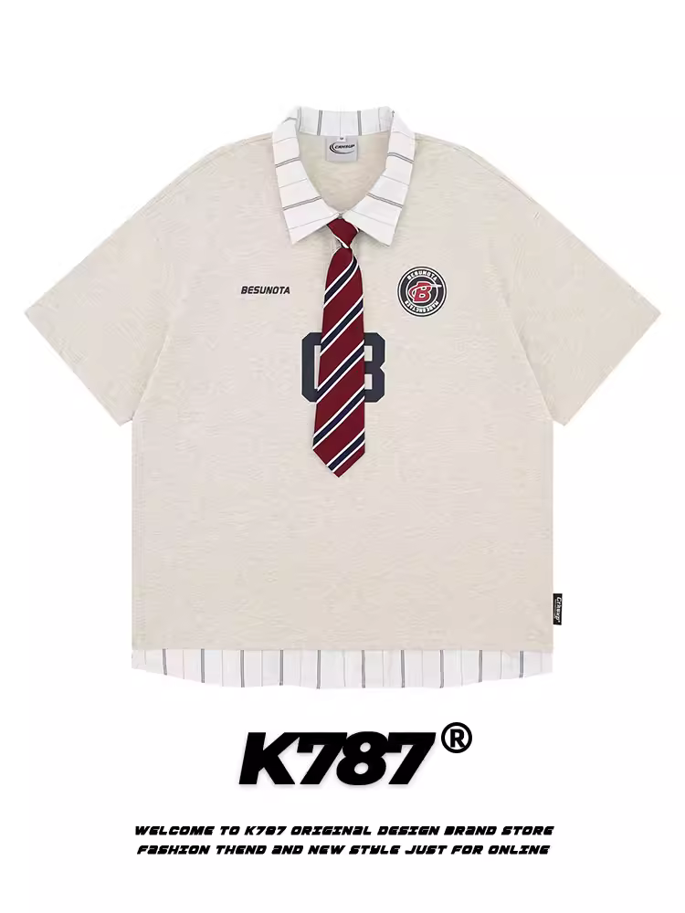 K787 Áo sơ mi POLO giả hai mảnh sọc giả cổ điển kiểu Mỹ dành cho nam và nữ, áo thun ngắn tay phong cách đại học đa năng dành cho cặp đôi