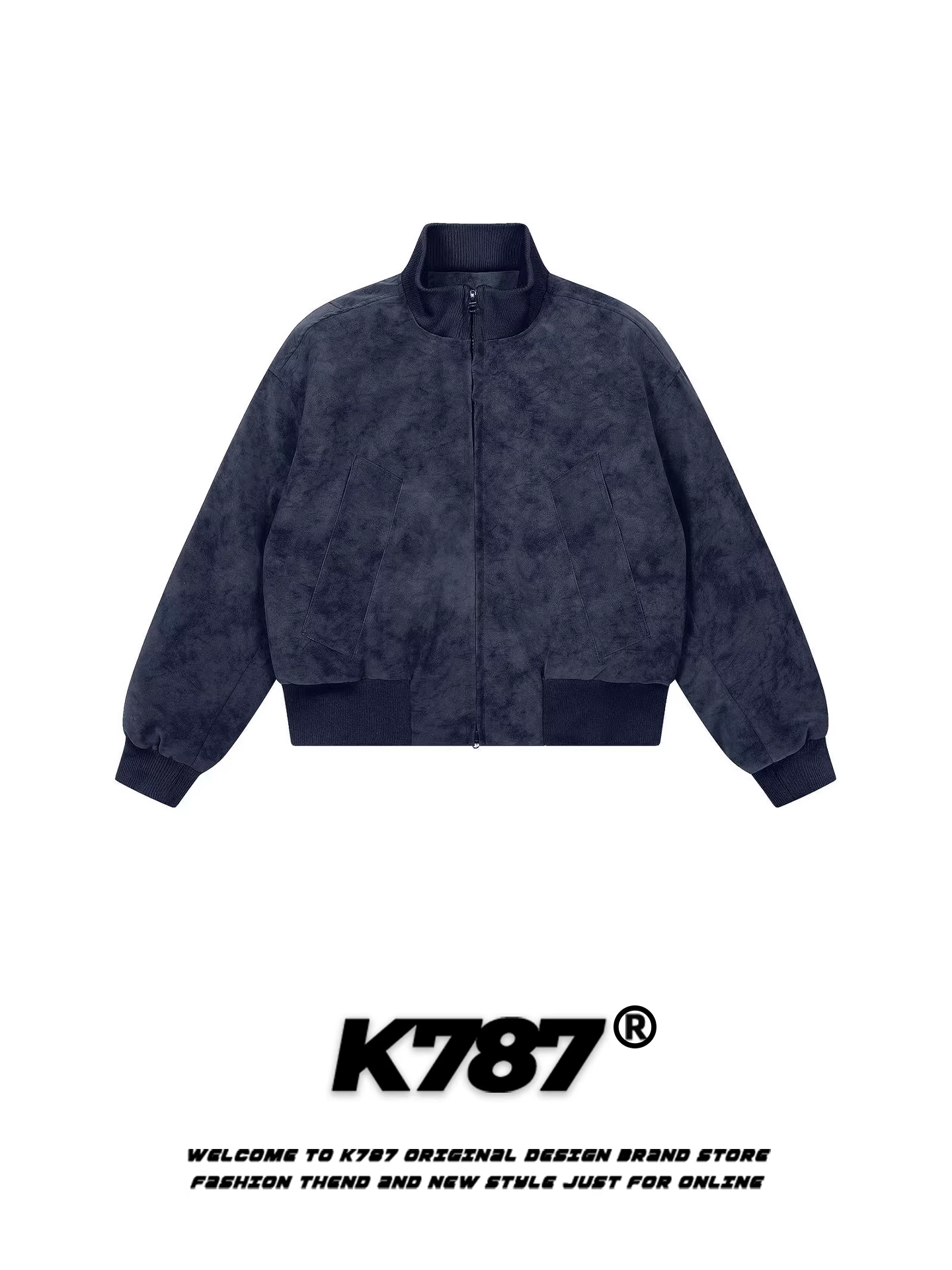 Áo khoác cotton cổ đứng da PU thương hiệu K787 kiểu Mỹ cổ điển thời thượng dành cho nam và nữ, dày dặn và ấm áp, áo khoác cotton màu xanh hải quân dành cho cặp đôi mùa đông.