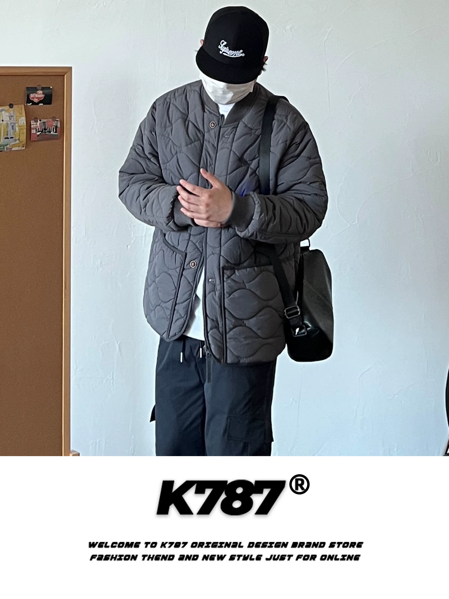 Áo khoác cotton cổ đứng họa tiết bầu kiểu Mỹ cổ điển K787 dành cho nam và nữ, dáng rộng, dày dặn giữ ấm, áo khoác cotton có khóa kéo mùa đông 2025 dành cho cặp đôi.