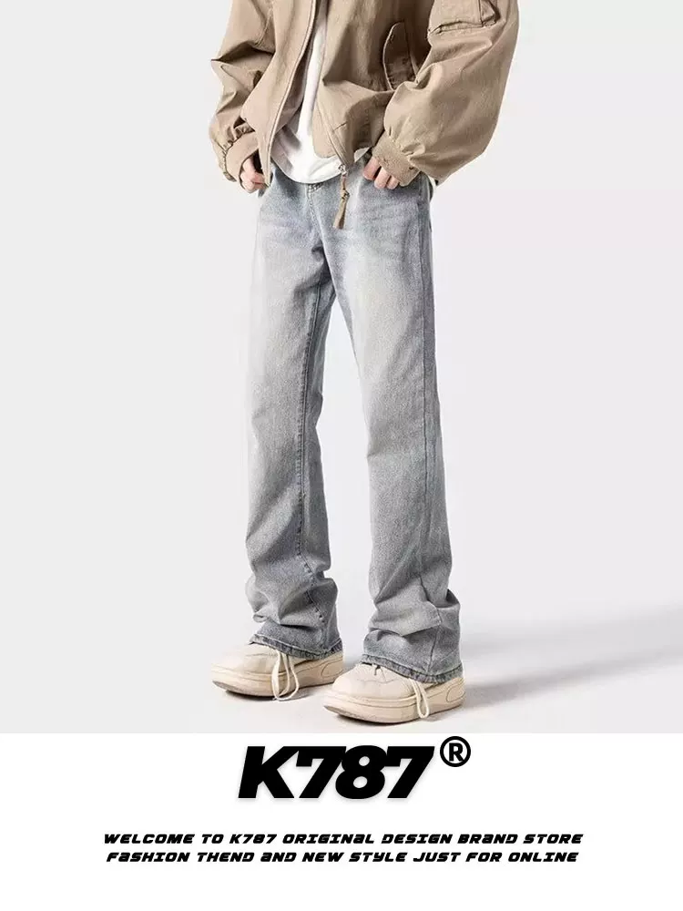 Quần jeans ống loe màu vàng kiểu Mỹ cổ điển K787 dành cho nam, quần ống đứng lưng cao, kiểu dáng đa năng, chất liệu xước, thích hợp đi làm