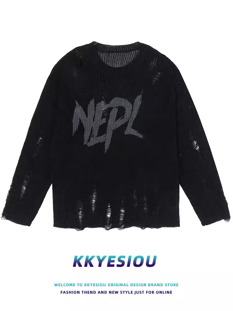 Áo khoác len dệt kim rách theo phong cách retro của Mỹ của KKyesiou dành cho nam và nữ, áo khoác chống nắng cỡ lớn mùa xuân và mùa thu