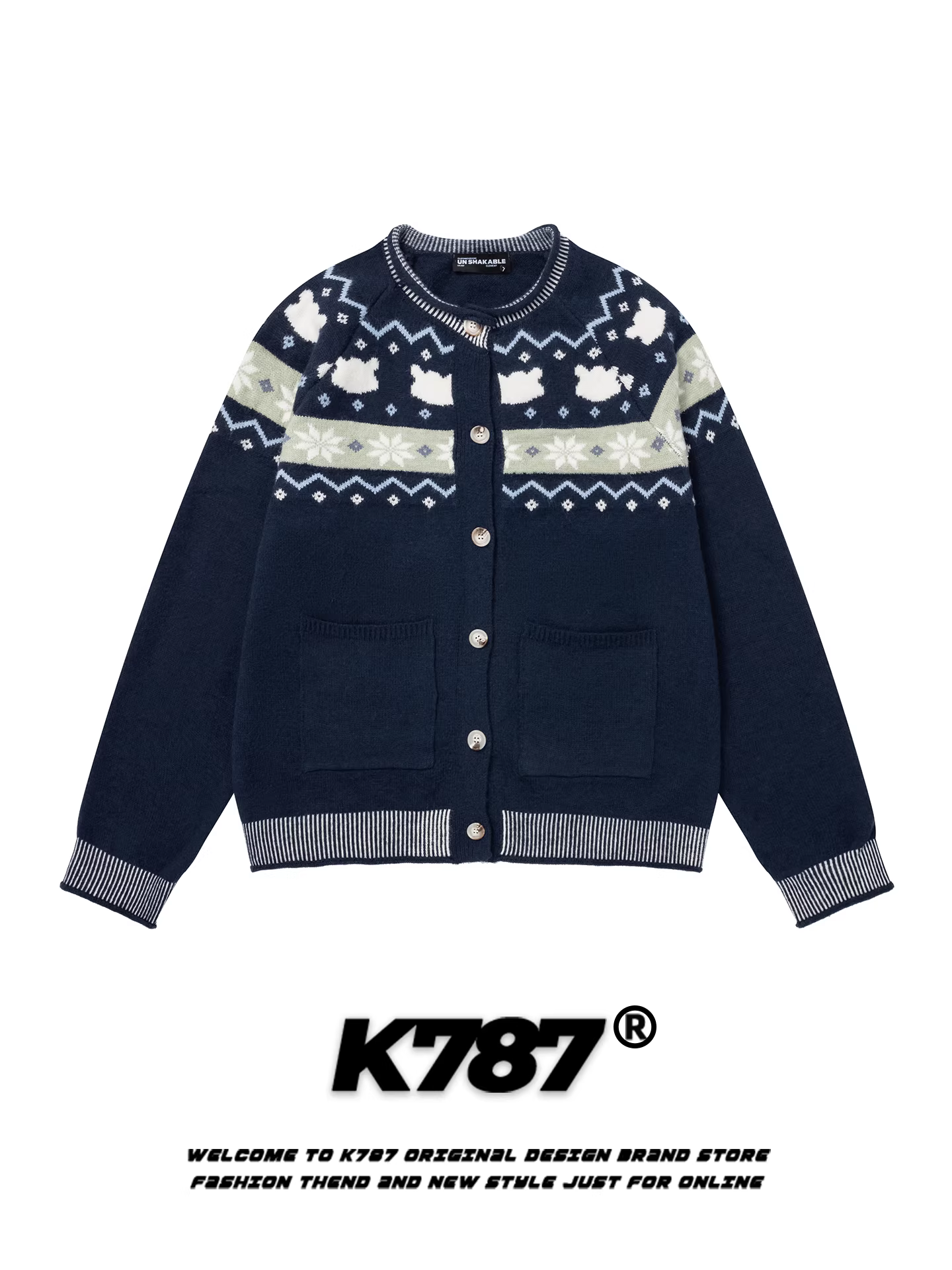 Áo cardigan dệt kim phong cách đường phố Mỹ K787, năng động và giản dị dành cho nam và nữ, áo khoác len rộng kiểu trộm cắp vui nhộn, kiểu Fair Isle.