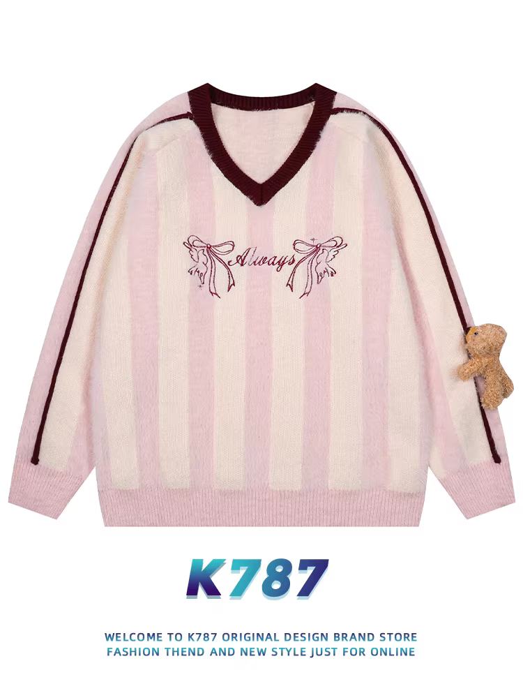 Áo len thể thao cổ V phong cách retro Mỹ K787, kiểu học sinh, unisex, phong cách blokecore, họa tiết gấu bông