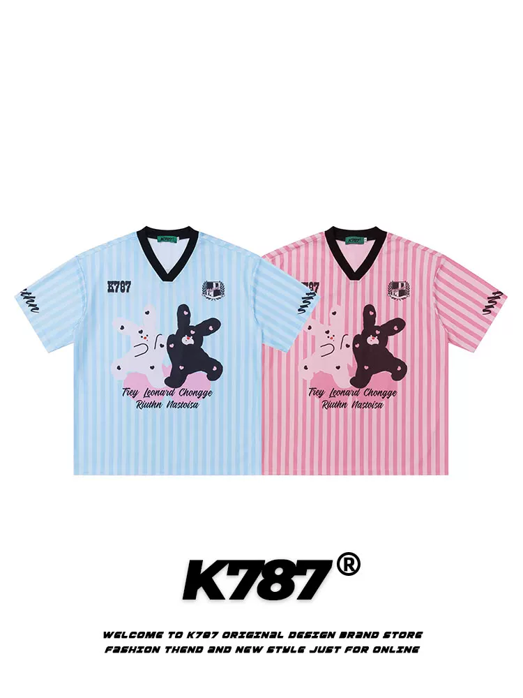 K787 Áo thun thể thao tay ngắn in hình thỏ ngộ nghĩnh phong cách đường phố Mỹ, áo thun unisex blokecore dáng rộng, áo thun thể thao ngắn tay