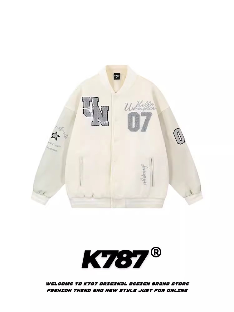 K787 Áo khoác bóng chày thêu chữ cổ điển kiểu Mỹ phong cách đại học unisex cổ điển đa năng áo khoác cặp đôi áo khoác