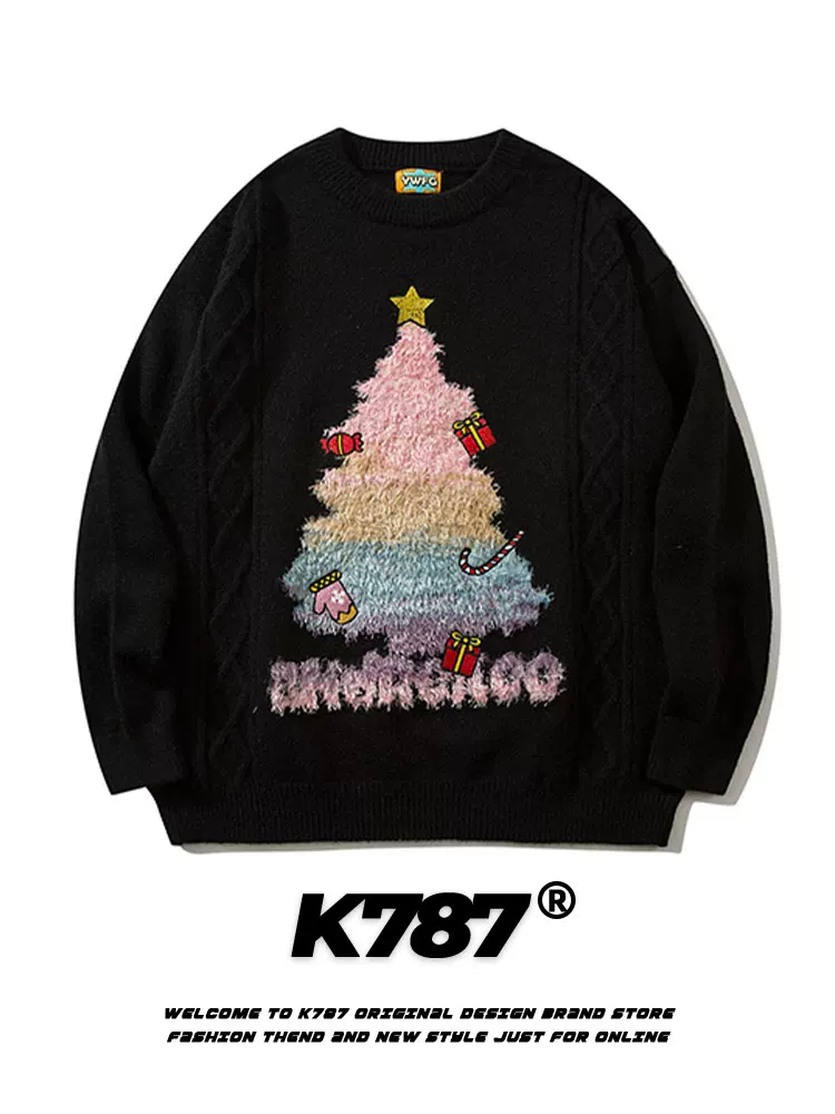 K787 không khí lễ hội Cây thông Noel màu đỏ thêu ngôi sao dệt kim unisex Áo len cặp đôi phong cách retro Mỹ