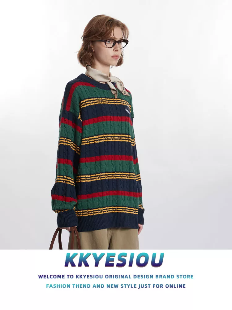 Áo len dệt kim phong cách retro Mỹ, kiểu preppy, dành cho nam và nữ, mùa thu đông 2024, đa năng, thích hợp đi làm, áo đôi.