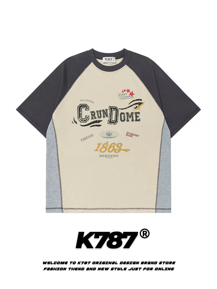 K787 Áo thun ngắn tay kiểu raglan cổ điển kiểu Mỹ dành cho nam và nữ, áo nửa tay họa tiết chữ graffiti phối màu dành cho cặp đôi