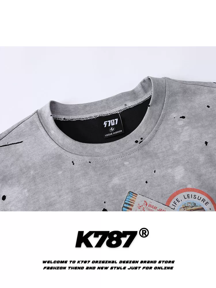Áo thun ngắn tay phong cách đường phố retro Mỹ K787 dành cho nam và nữ, in hình graffiti vui nhộn, họa tiết phun sơn, nhuộm màu cũ kỹ, áo đôi.