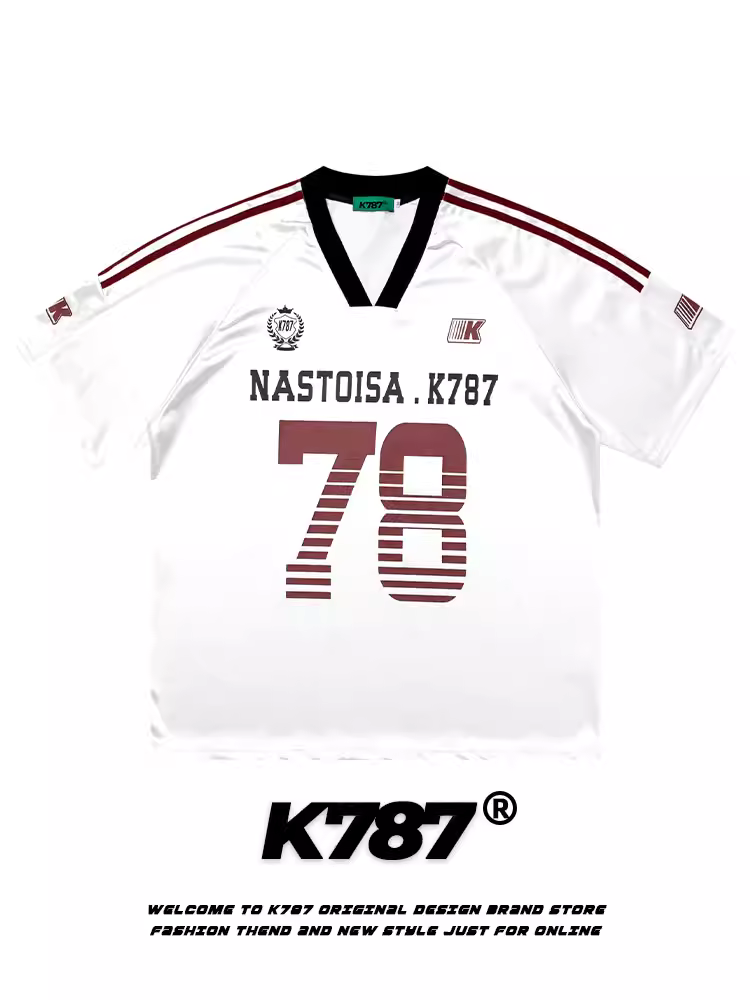 K787 Áo thể thao satin acetate cổ điển kiểu Mỹ nửa tay áo unisex blokecore sọc cổ chữ V ngắn tay áo thun