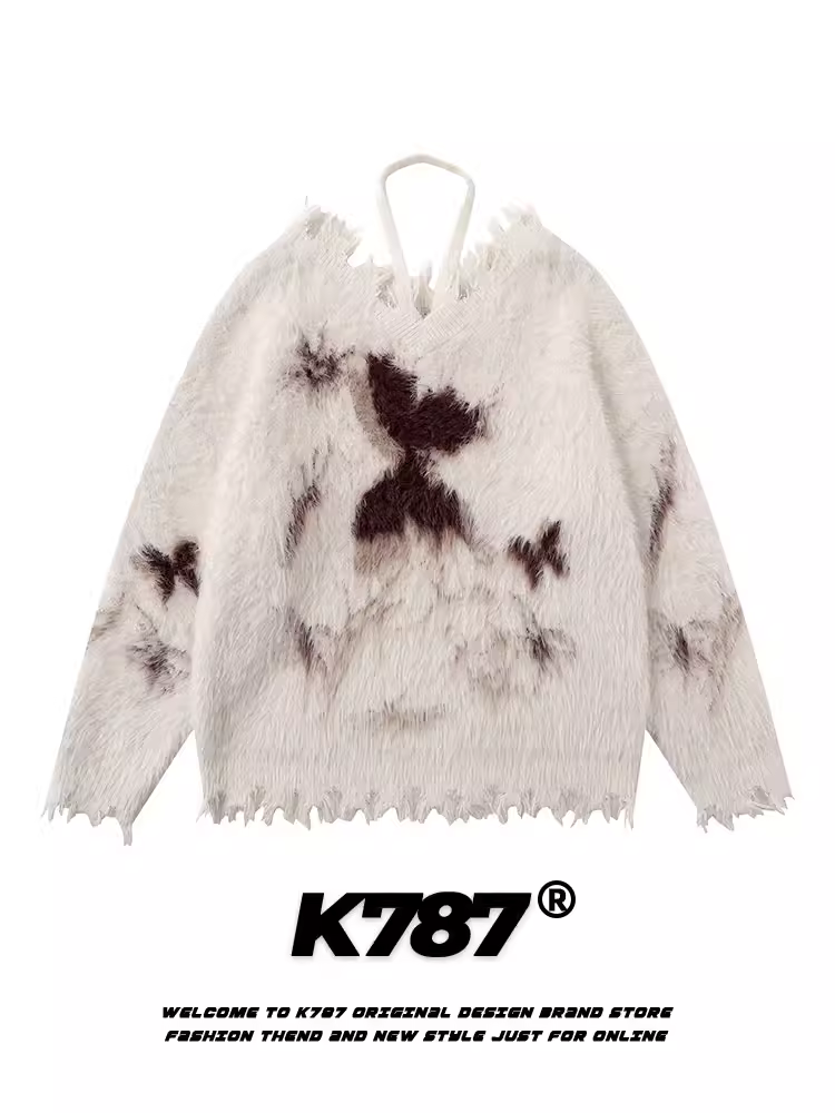 Áo len nữ kiểu dáng K787, cổ halter buộc dây, chất liệu len đan xù, họa tiết graffiti bướm, kiểu dáng áo len cổ V, chất liệu mohair, phong cách dễ thương.