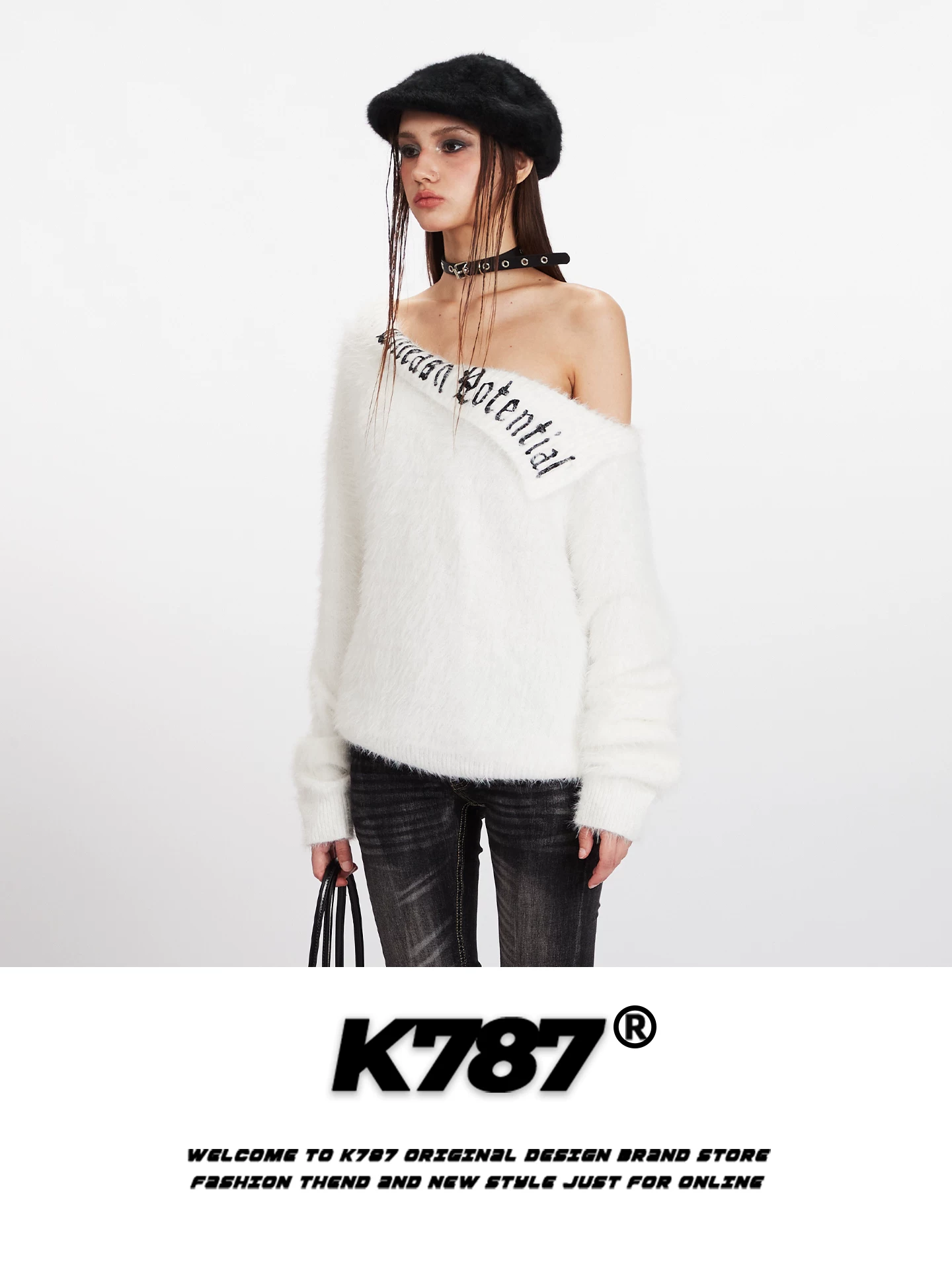 Áo len trễ vai giả mohair kiểu Mỹ K787 dành cho nữ, mềm mại và trẻ trung, tôn dáng, ấm áp, áo len ngắn hở vai