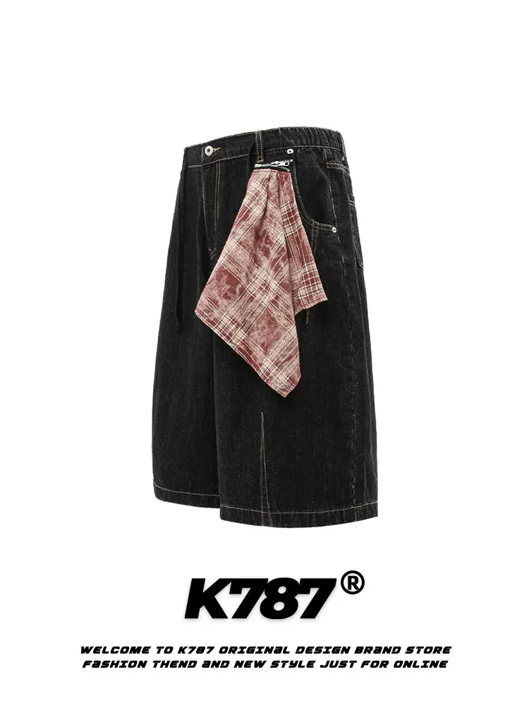 Quần short denim cạp cao unisex phong cách đường phố hip-hop retro Mỹ K787, phối họa tiết, đa năng