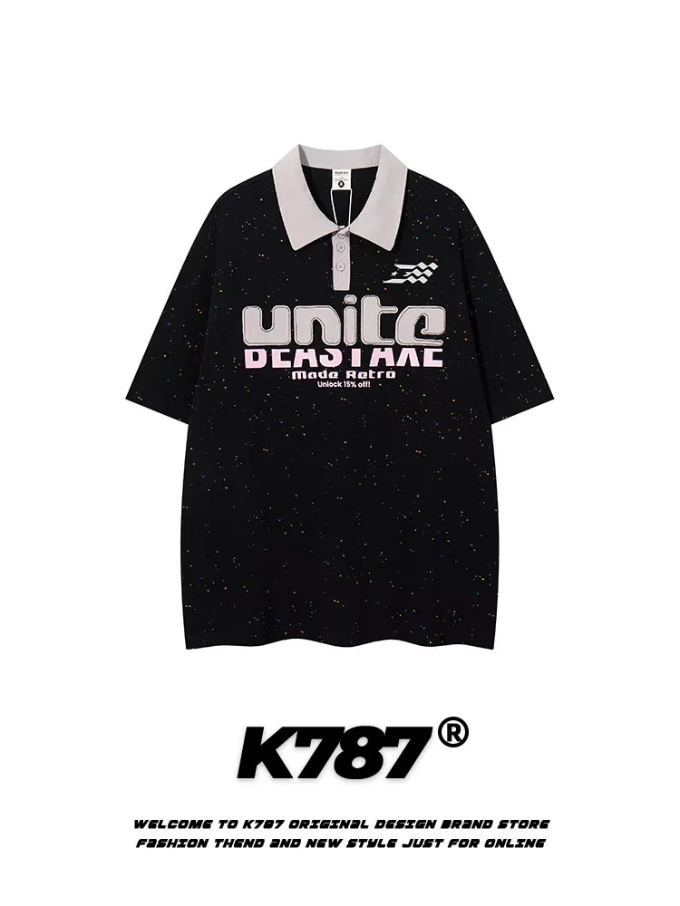 K787 Áo thun ngắn tay thêu bầu trời đầy sao theo phong cách retro của Mỹ unisex đa năng áo sơ mi polo màu sắc thông thường