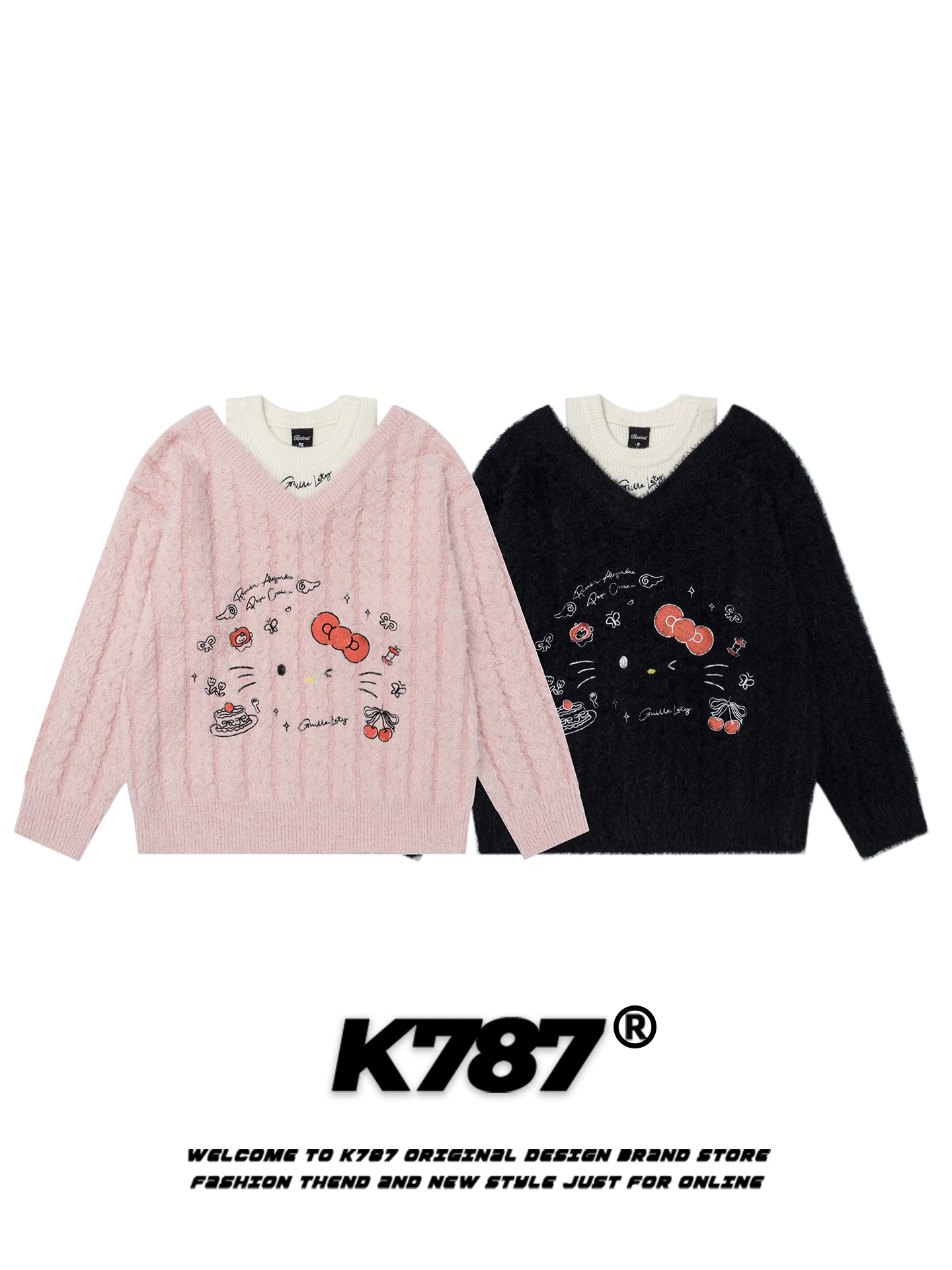 K787 Áo len vest hai mảnh giả Hello Kitty kiểu Mỹ dành cho nữ, dáng rộng, mềm mại và trẻ trung, áo len màu hồng giản dị