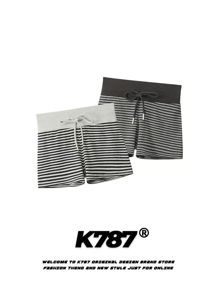 Quần short nữ K787 kiểu Mỹ cổ điển, sọc, dây rút, lưng rộng, phong cách thường ngày, quần thể thao ôm sát, dáng thẳng, tôn dáng, thích hợp cho mùa hè