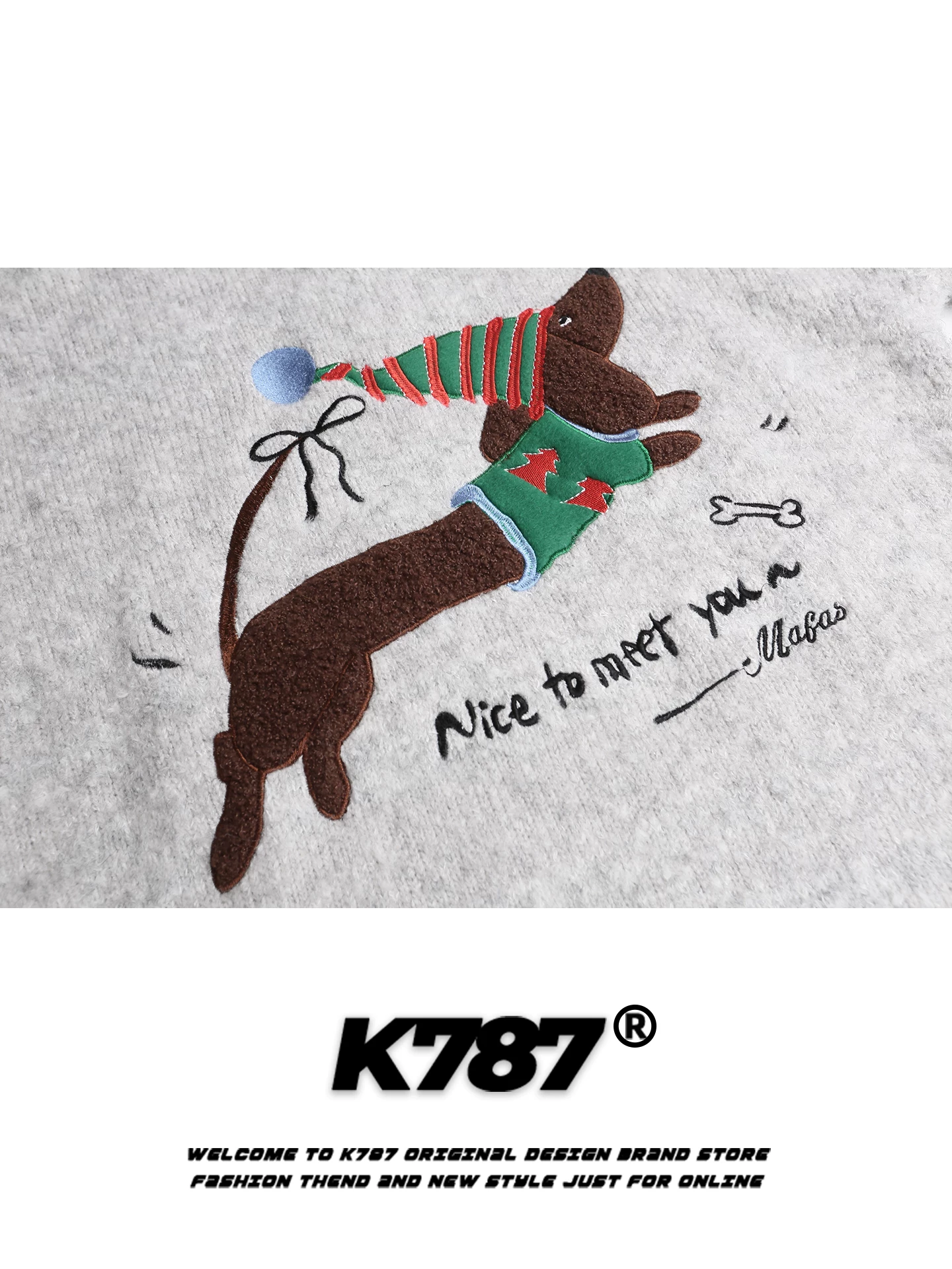 Áo len cổ tròn thêu hình chó dachshund kiểu Mỹ cổ điển K787 dành cho nam và nữ, áo len cặp đôi phong cách đại học rộng rãi cho mùa thu.