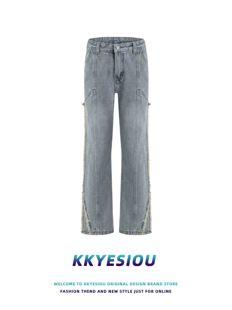 Quần jeans unisex dáng thẳng, cạp cao, phối vải, phong cách đường phố hip-hop, chất liệu thô, kiểu dáng retro thời thượng của thương hiệu KKyesiou Mỹ.
