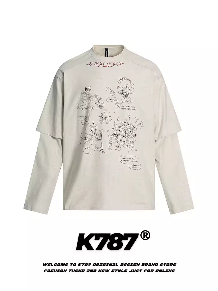 K787 Áo thun dài tay giả hai mảnh kiểu cổ điển kiểu Mỹ in hình hoạt hình ngộ nghĩnh dành cho nam và nữ, áo nỉ thông thường phong cách và đa năng