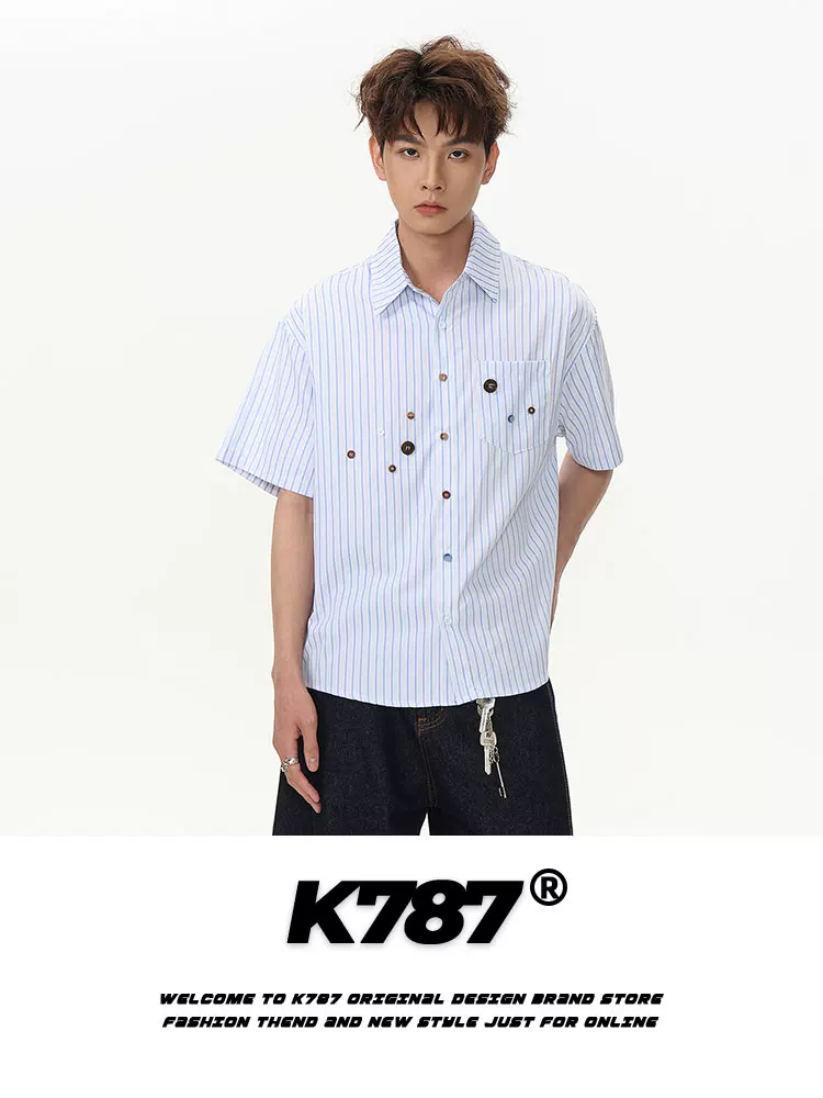 K787 Mỹ retro nút chắp vá sọc ngắn tay áo sơ mi unisex phong cách đại học đa năng giản dị cặp đôi hàng đầu mùa hè