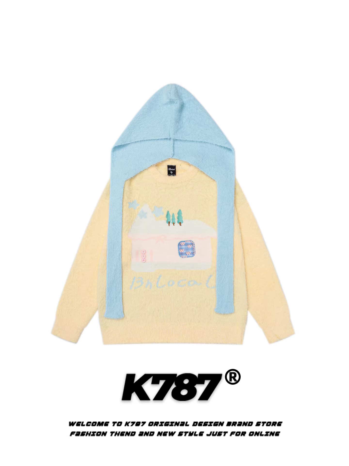 Áo len cổ tròn có mũ trùm đầu kiểu hoạt hình giản dị kiểu Mỹ K787 dành cho nam và nữ, áo len cặp đôi phong cách lười biếng giản dị