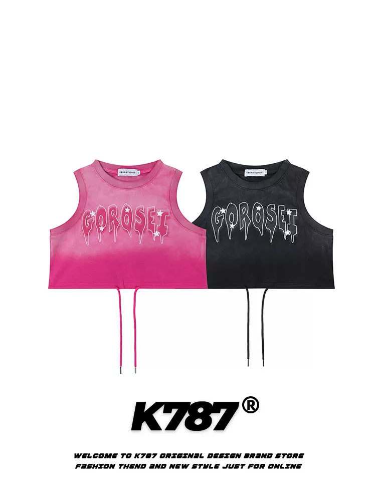 Áo ba lỗ nữ K787 kiểu dáng hot girl, phối màu gradient, thiết kế buộc dây, không tay, phong cách cá tính, màu đỏ hồng, kiểu dáng thời trang.