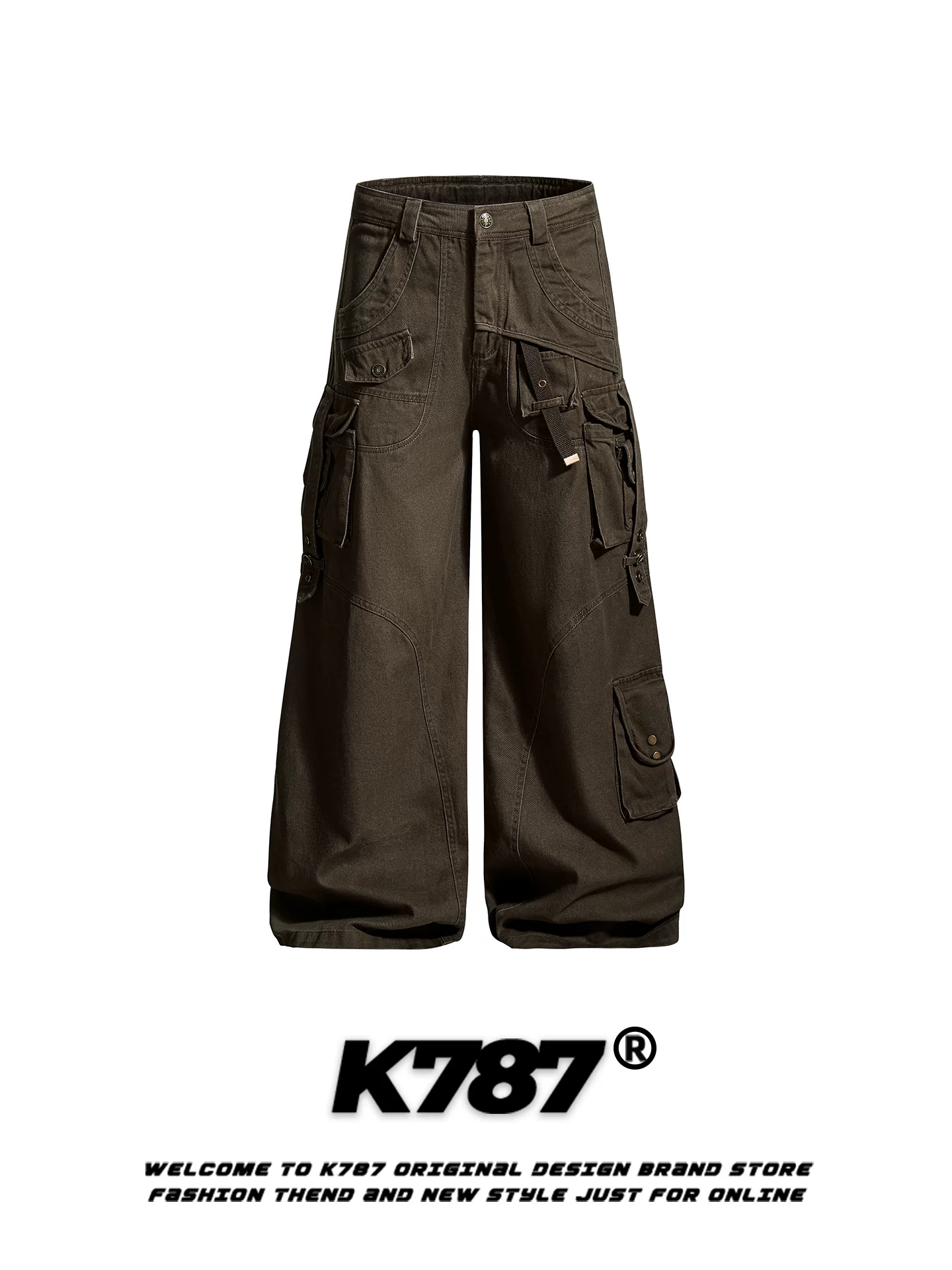 Quần cargo nhiều túi kiểu Mỹ cổ điển K787, unisex, dáng thẳng, chất liệu casual, cạp cao, phối dây, ống rộng, thoải mái