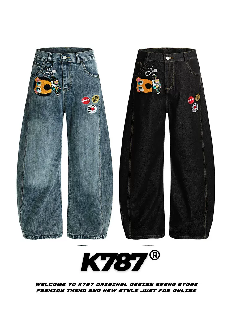 Quần jeans thêu họa tiết hoạt hình retro Mỹ K787, unisex, phong cách đường phố, cạp cao, giặt mài, kiểu dáng xuông, thoải mái