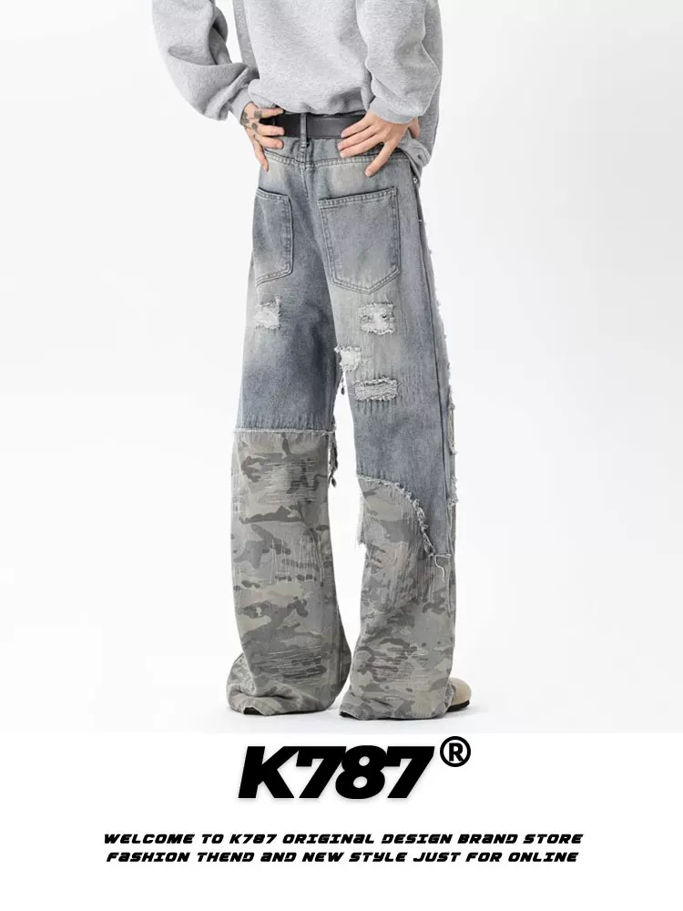 Quần jeans denim xước kiểu Mỹ cổ điển K787, phối vải vá, chất liệu chải mềm, unisex, dáng rộng, thêu họa tiết rằn ri, phong cách thường ngày, ống thẳng