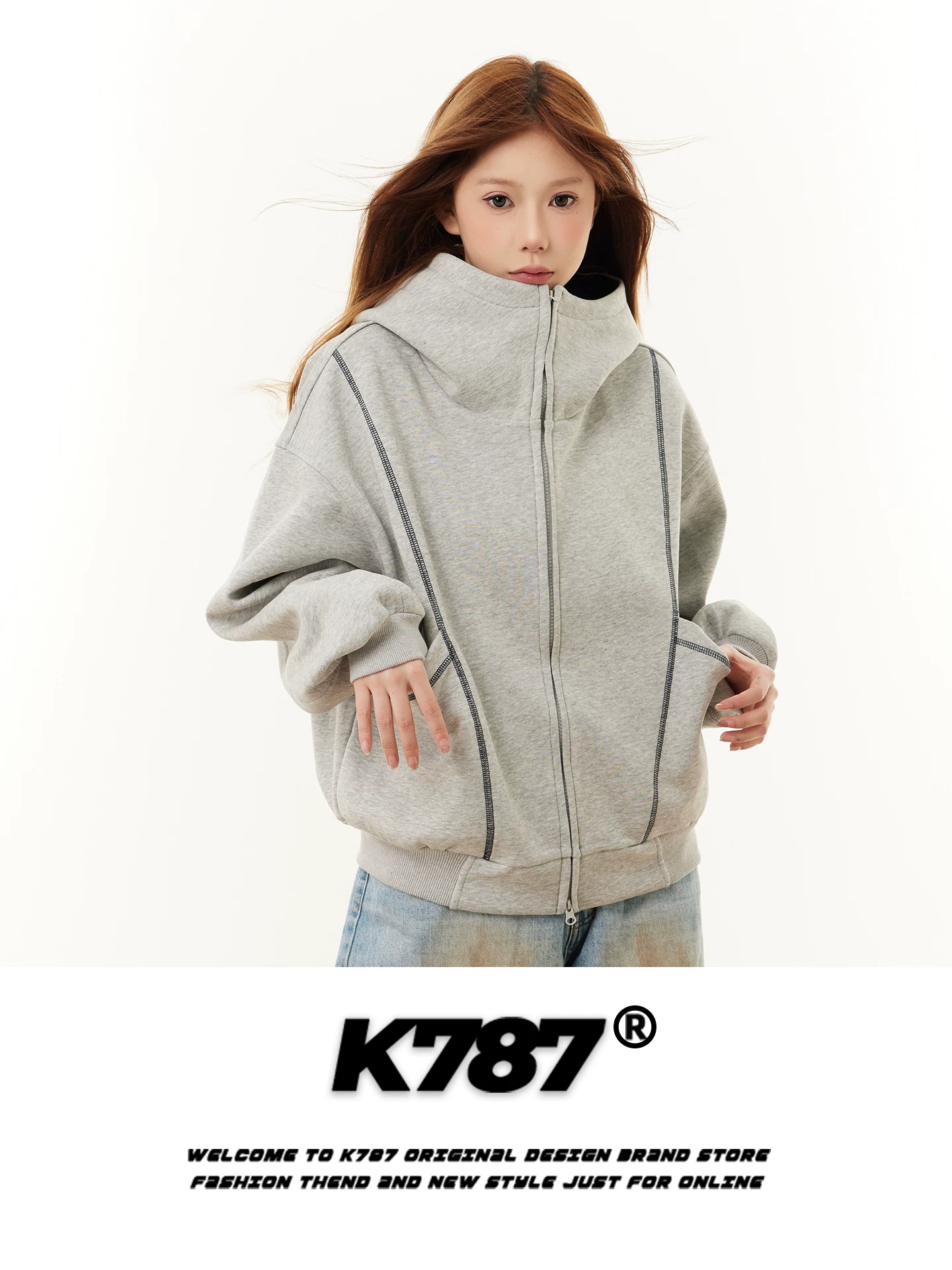 Áo hoodie thêu chữ phong cách đường phố Mỹ K787 dành cho nam và nữ, dáng rộng, đường may lộ, áo khoác cặp đôi ngoại cỡ, hợp thời trang.