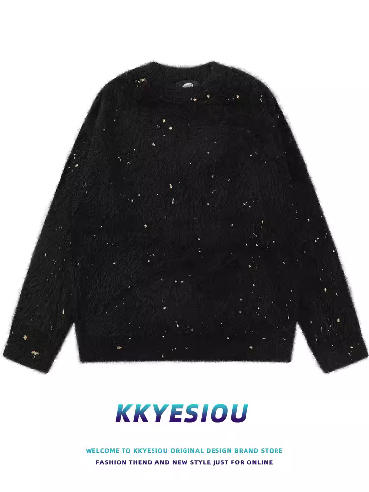 Áo len dệt kim đen đính sequin kiểu dáng lười KKyesiou dành cho nam và nữ, mùa thu 2024, phong cách đường phố Mỹ, áo len đôi