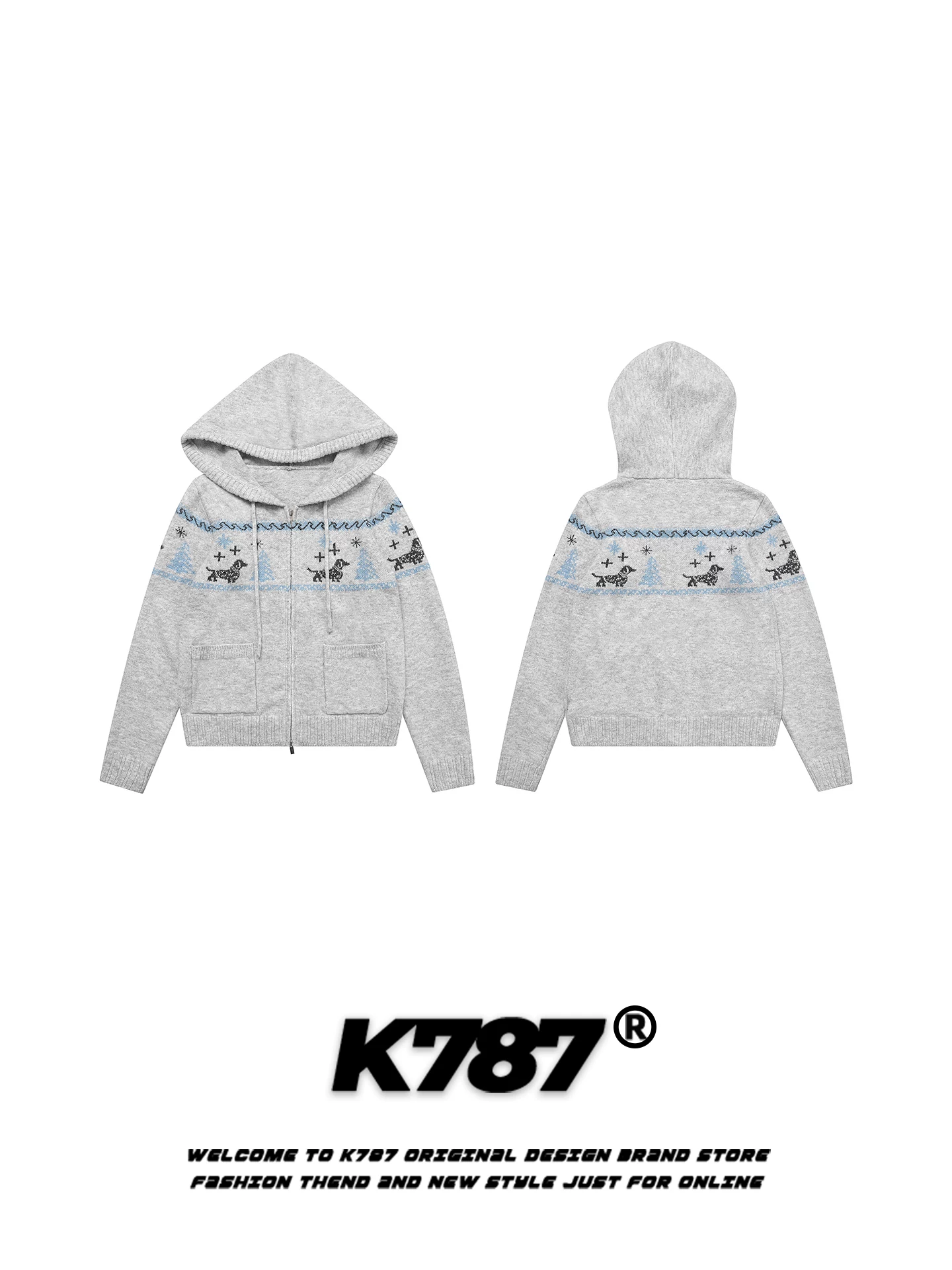 Áo khoác cardigan len thêu hình chó con phong cách retro Mỹ K787 dành cho nữ, kiểu dáng rộng rãi, thoải mái, chất liệu len đan, có khóa kéo, kiểu áo ngắn.