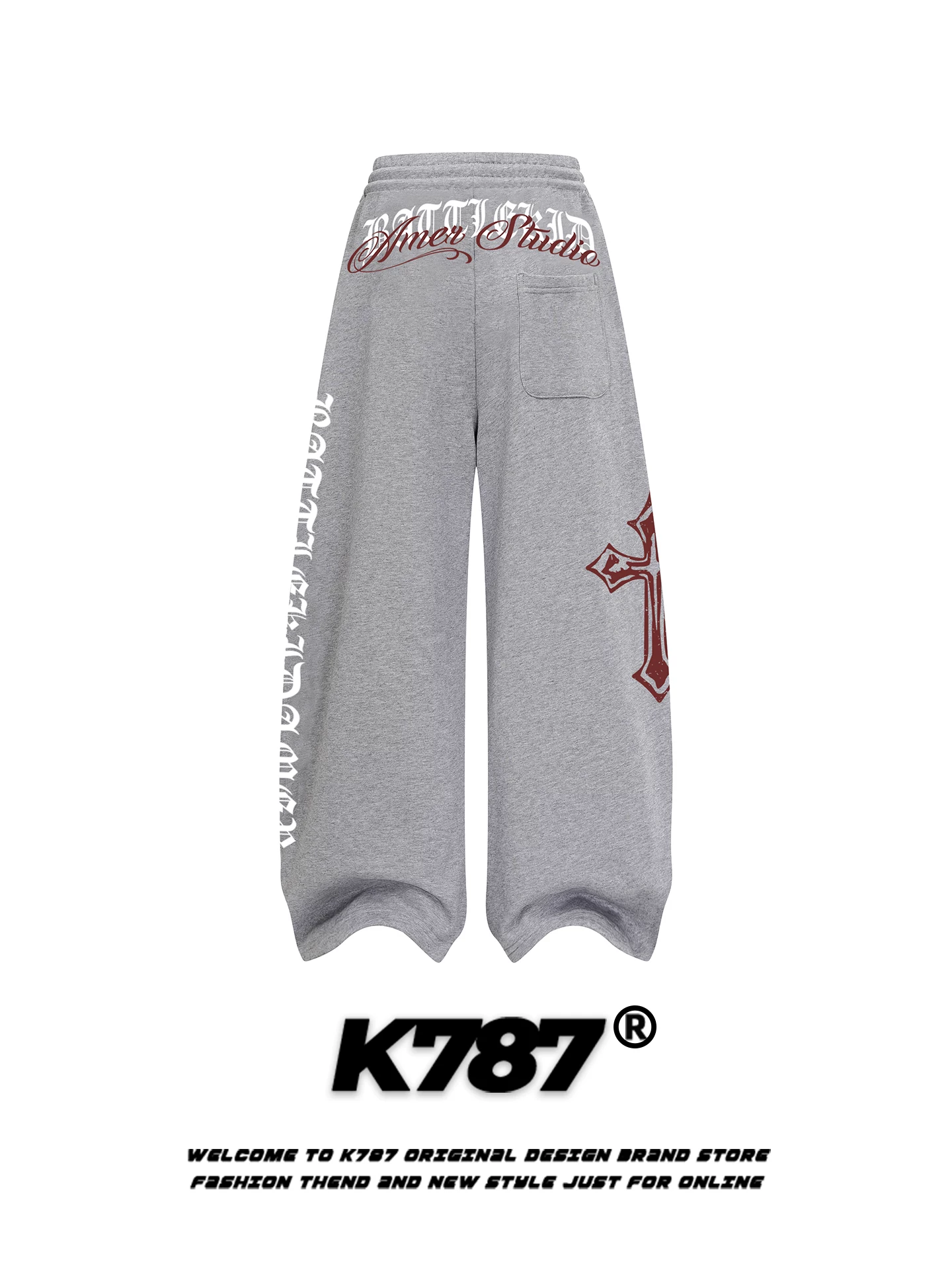 Quần jogger unisex kiểu Mỹ cổ điển K787, in họa tiết chéo, dáng rộng, cạp cao, dây rút, ống rộng, thích hợp cho khiêu vũ đường phố