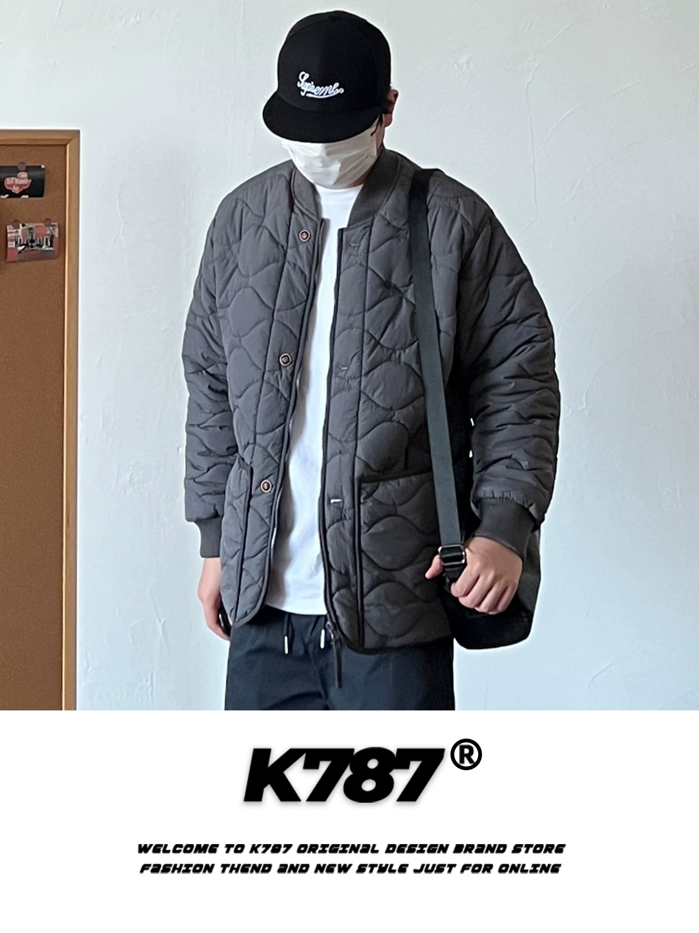 Áo khoác cotton cổ đứng họa tiết bầu kiểu Mỹ cổ điển K787 dành cho nam và nữ, dáng rộng, dày dặn giữ ấm, áo khoác cotton có khóa kéo mùa đông 2025 dành cho cặp đôi.