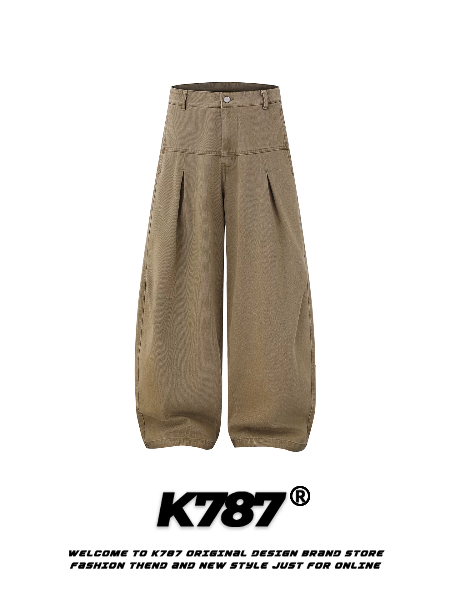 Quần ống rộng xếp ly cao eo dáng suông unisex phong cách retro Mỹ K787, chất liệu washed vintage đơn giản