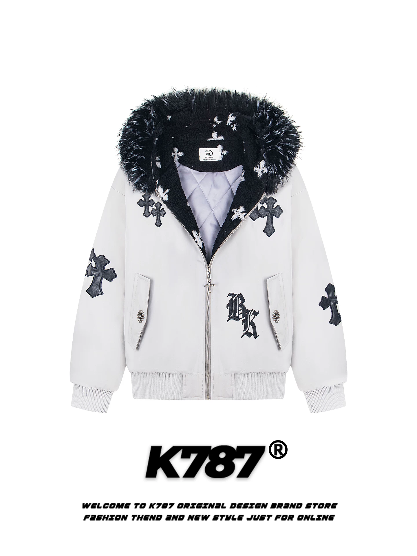 Áo khoác cotton có mũ trùm đầu, cổ lông, thêu họa tiết theo phong cách retro Mỹ K787 dành cho nam và nữ, áo khoác cotton dày dặn và ấm áp dành cho cặp đôi.