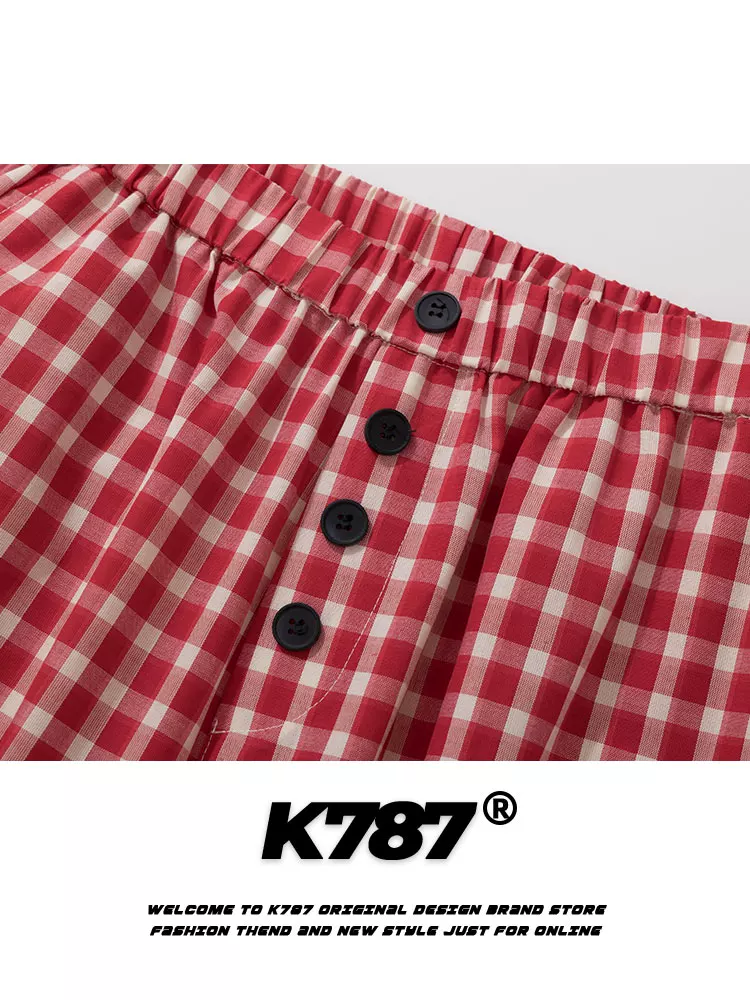 Quần âu kiểu Mỹ K787 kẻ caro năng động, unisex, đa năng, thể thao, hip-hop, cài nút, cạp cao, màu đỏ, dáng thẳng