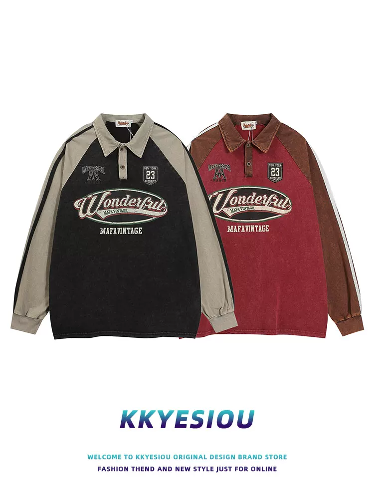 Áo thun polo in họa tiết cổ điển kiểu Mỹ KKyesiou, chất liệu vintage đã qua xử lý, dành cho nam và nữ, màu đỏ đô, cổ áo sơ mi.