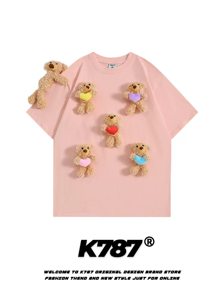 K787 Áo thun ngắn tay phong cách retro Mỹ có mặt dây chuyền hình gấu phong cách đại học unisex đa năng thiết kế giản dị áo thun cặp đôi