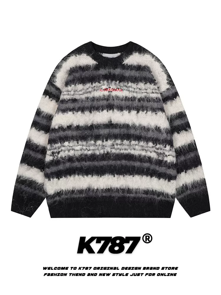 Áo len dệt kim sọc dày phong cách lười biếng unisex K787 chất liệu mohair, kiểu dáng retro Mỹ, xu hướng mùa đông 2024, thương hiệu thời trang, áo đôi
