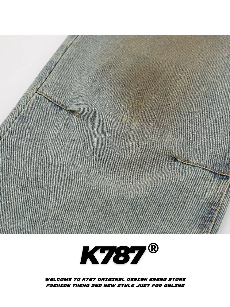 Quần jeans K787 kiểu Mỹ cổ điển, xu hướng quốc dân, đã qua xử lý làm cũ và rách, dáng xuông rộng, cạp cao, phong cách đường phố, dành cho nam và nữ