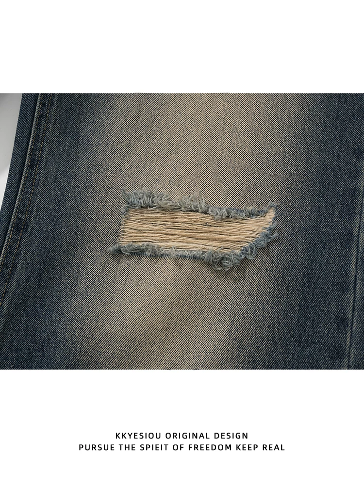 Quần jeans trắng rách kiểu Mỹ cổ điển, thời thượng của thương hiệu KKyesiou dành cho nam và nữ, kiểu dáng đường phố, quần ống thẳng, phong cách cặp đôi, chất liệu washed.