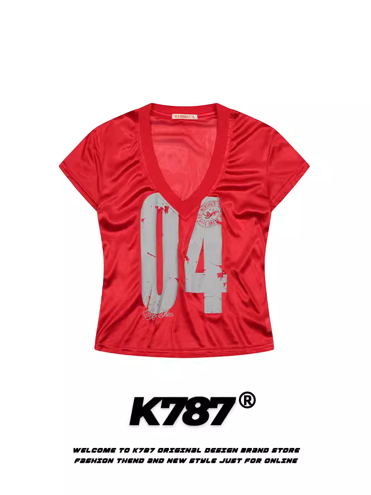 Áo thun nữ tay ngắn cổ chữ V in họa tiết retro kiểu Mỹ K787, phong cách hot girl, áo ngắn màu đỏ ôm eo.