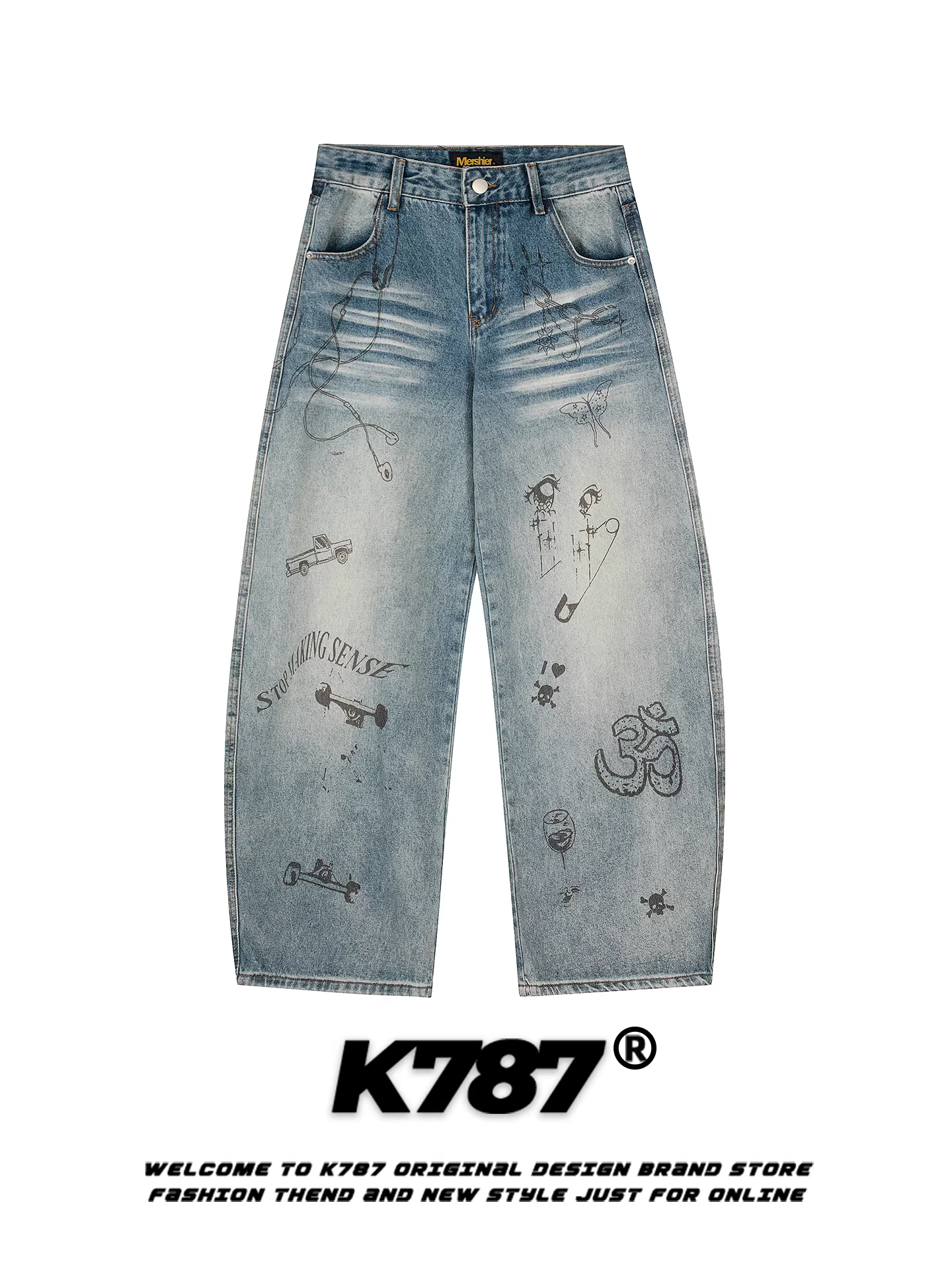 Quần jeans unisex K787 kiểu Mỹ cổ điển, in họa tiết graffiti vui nhộn, dáng rộng, cạp cao, ống rộng, phong cách casual.