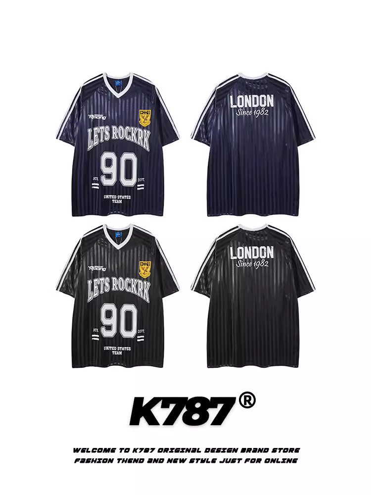 K787 Áo thun ngắn tay kiểu Mỹ cổ điển sọc blokecore unisex thể thao đa năng cổ chữ V áo thun cặp đôi